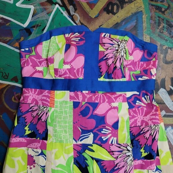 Vibrant Lilly Pulitzer Strapless Patchwork Dress - size 2 - Picture 2 of 9